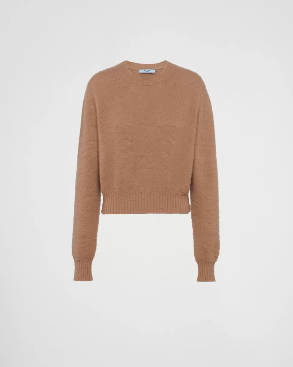 Clearance Prada Rundhalspullover Aus Kaschmir Kamelbraun