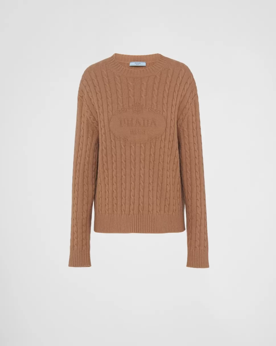 Clearance Prada Rundhalspullover Aus Kaschmir Kamelbraun