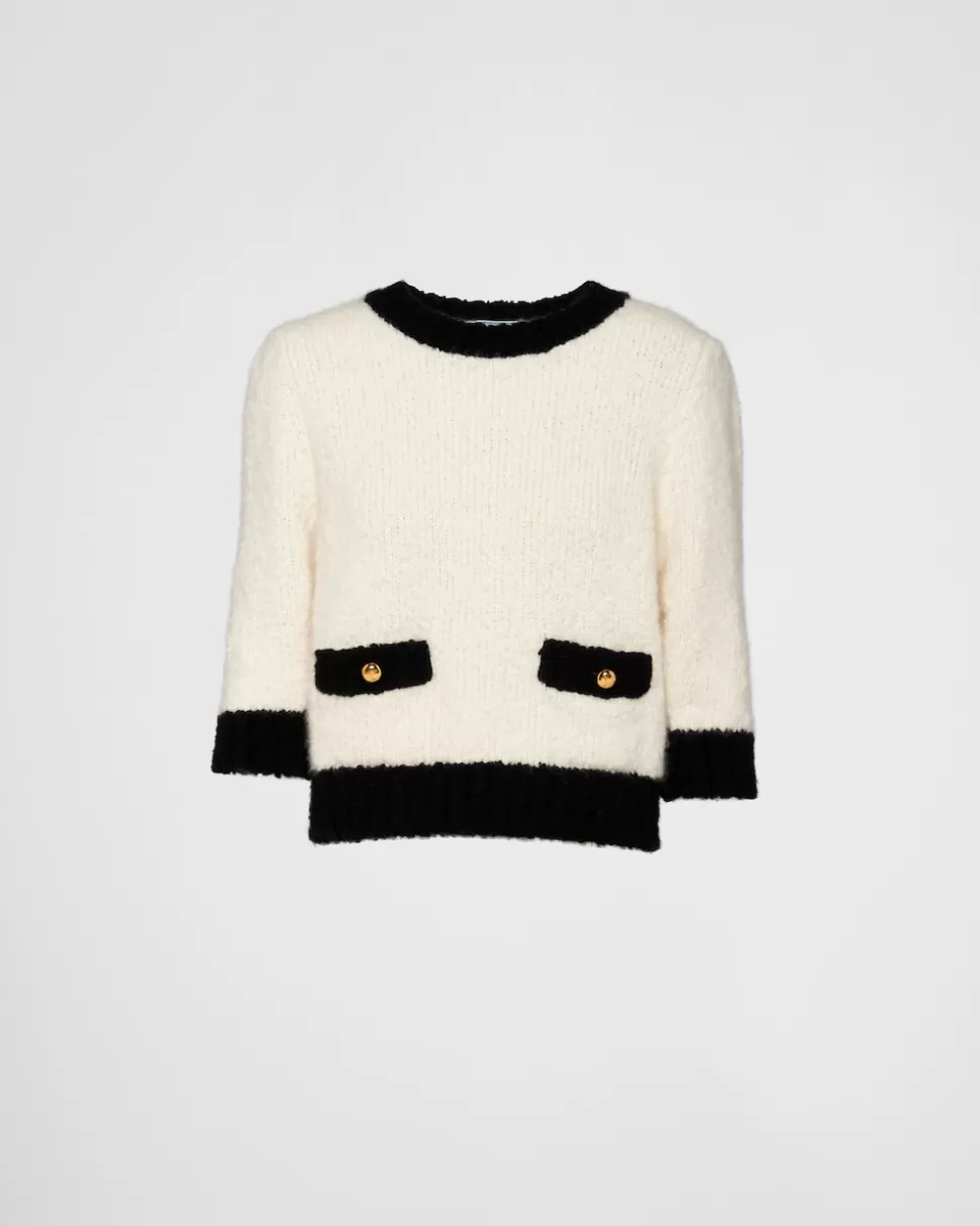 Discount Prada Rundhalspullover Aus Kaschmir Und Seide Weiss/Schwarz