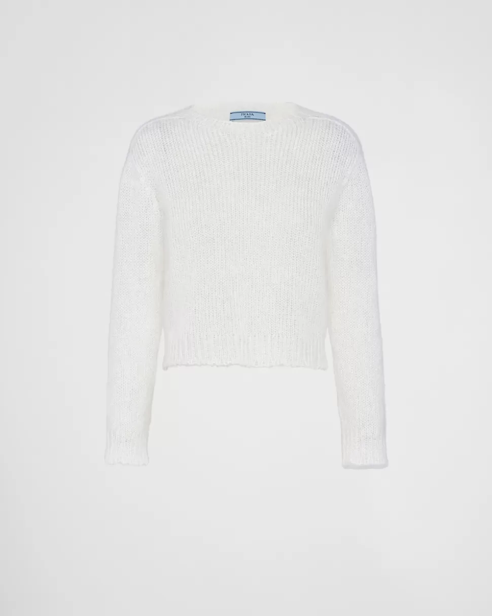 New Prada Rundhalspullover Aus Mohair Natur