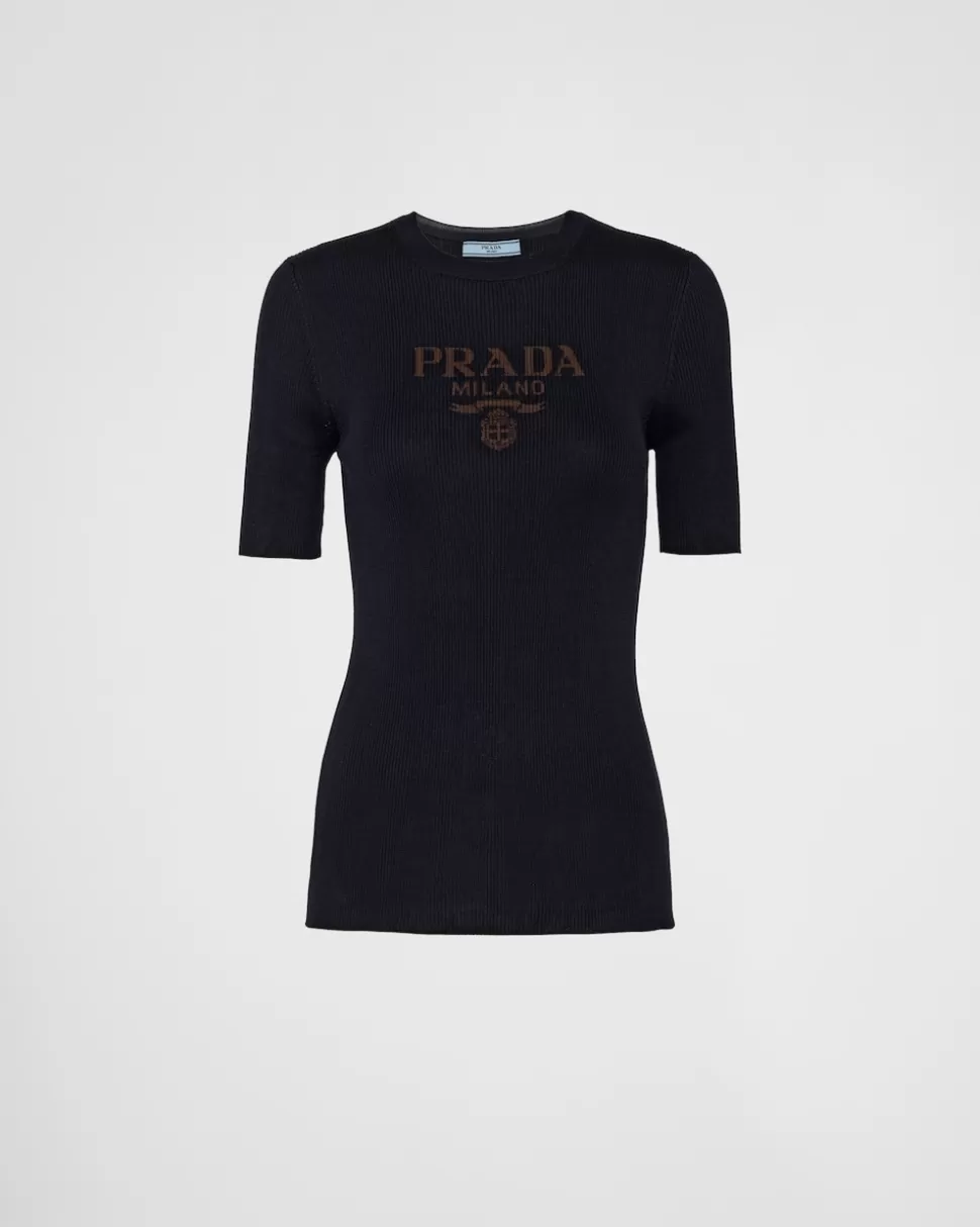 Sale Prada Rundhalspullover Aus Seide Mit Logo Blau