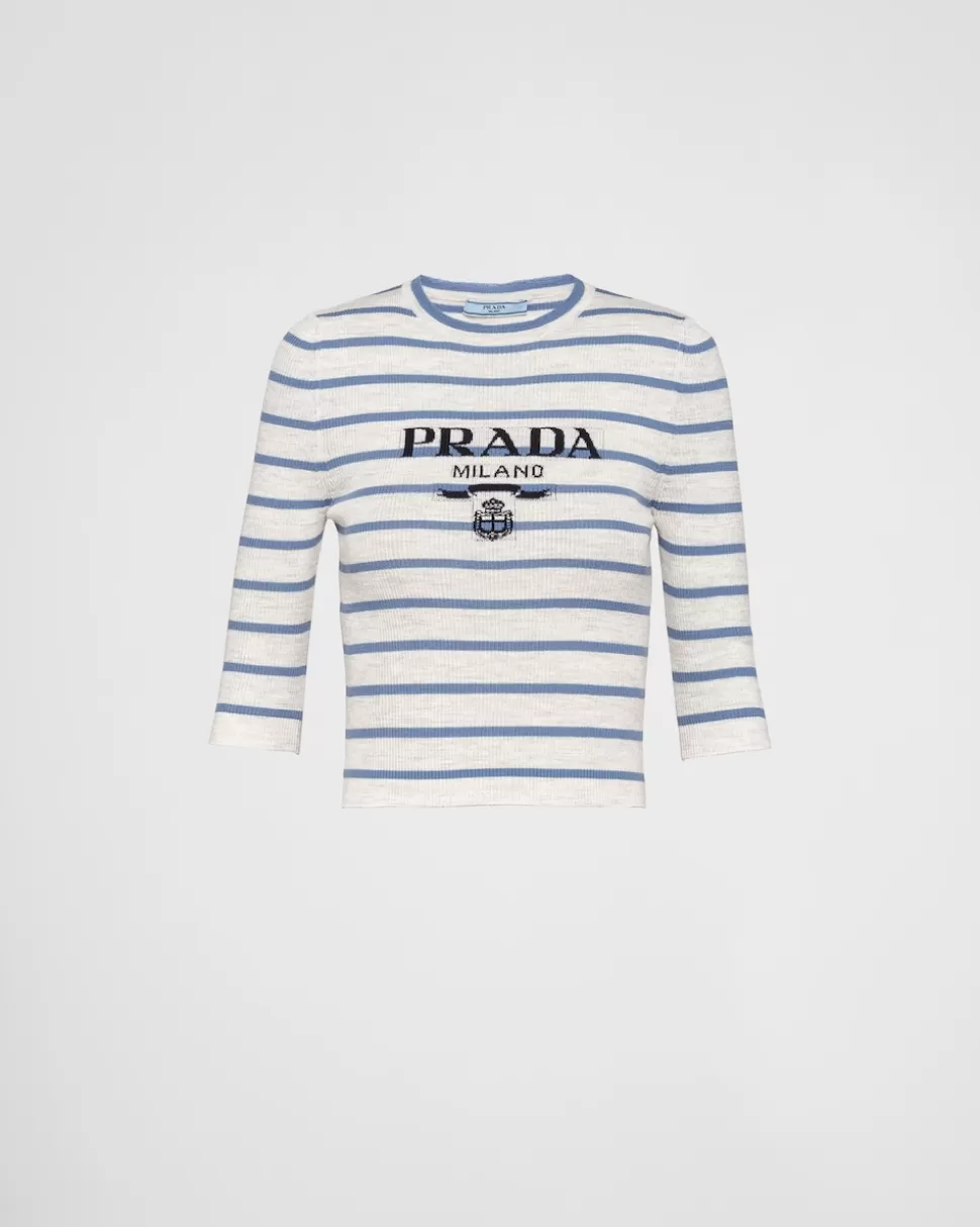 Store Prada Rundhalspullover Aus Superfine-wool Marmorgrau/Lavendelblau