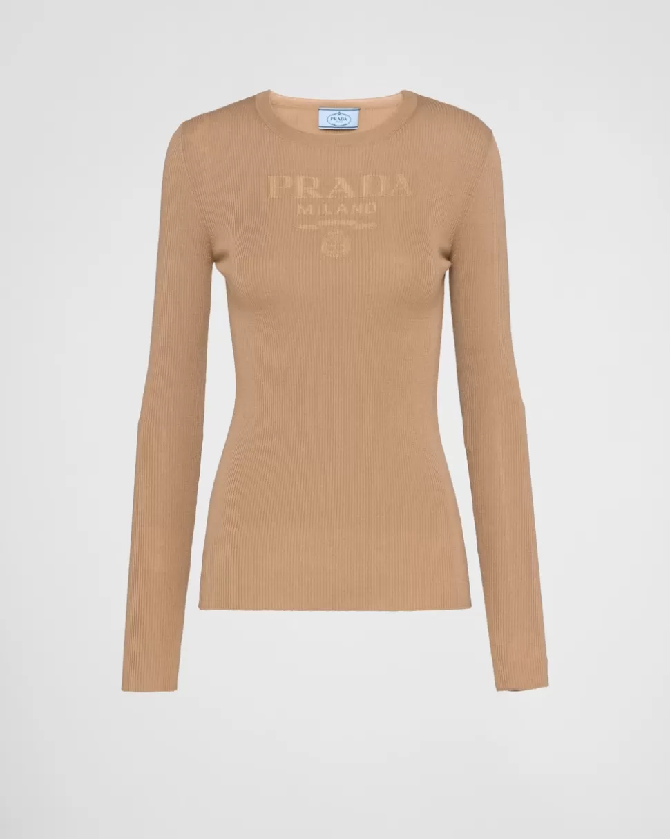 Best Sale Prada Rundhalspullover Aus Superfine-wool Kamelbraun