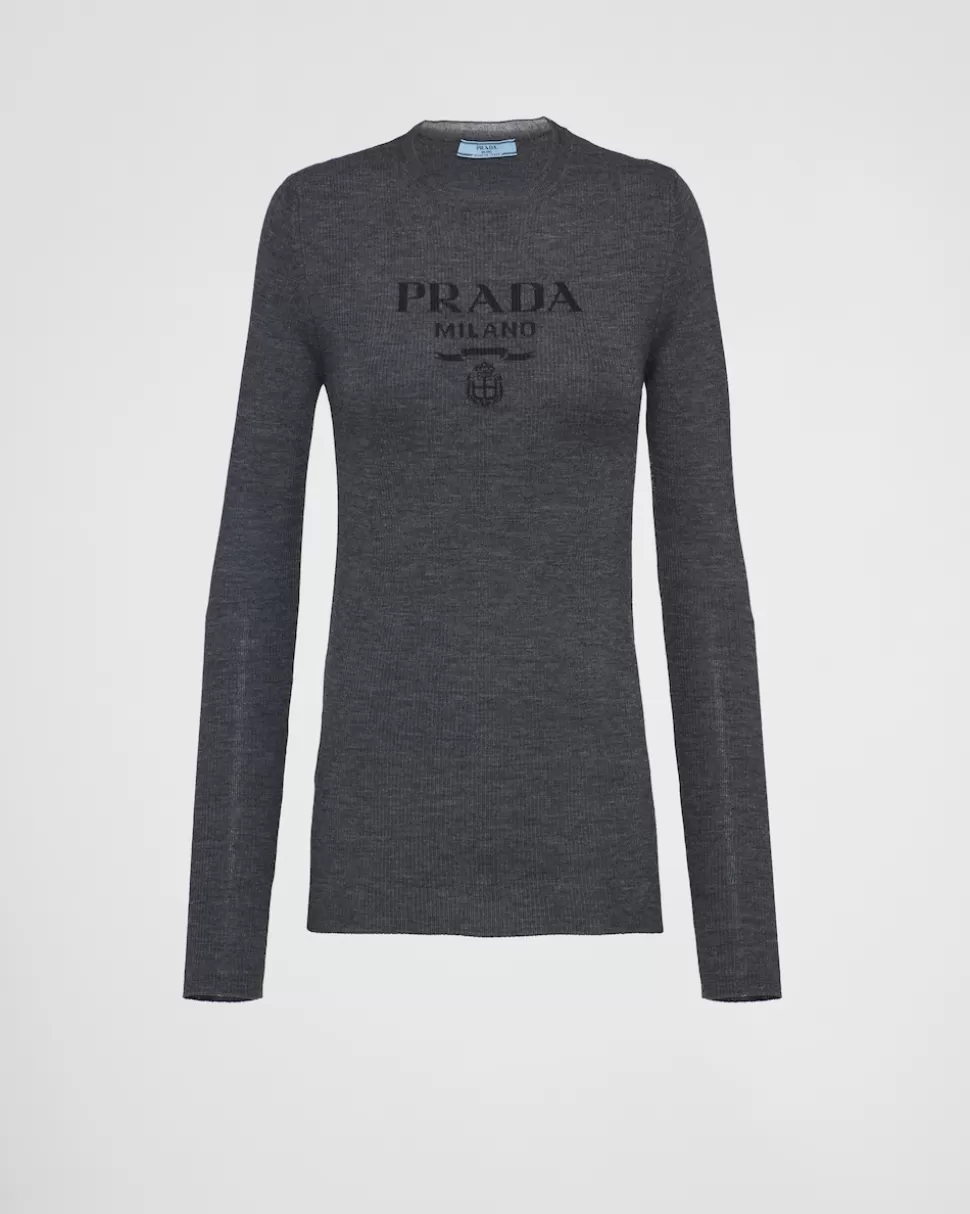Shop Prada Rundhalspullover Aus Superfine-wool Kamelbraun