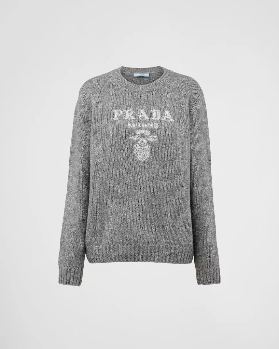 Best Sale Prada Rundhalspullover Aus Wolle, Kaschmir Und Lamé Grau/Silber