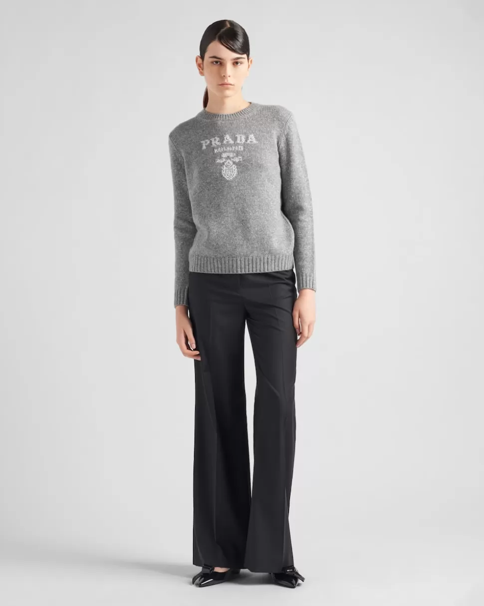 Best Sale Prada Rundhalspullover Aus Wolle, Kaschmir Und Lamé Grau/Silber