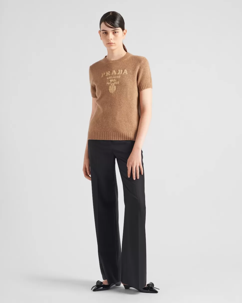 Online Prada Rundhalspullover Aus Wolle, Kaschmir Und Lamé Camel/Gold