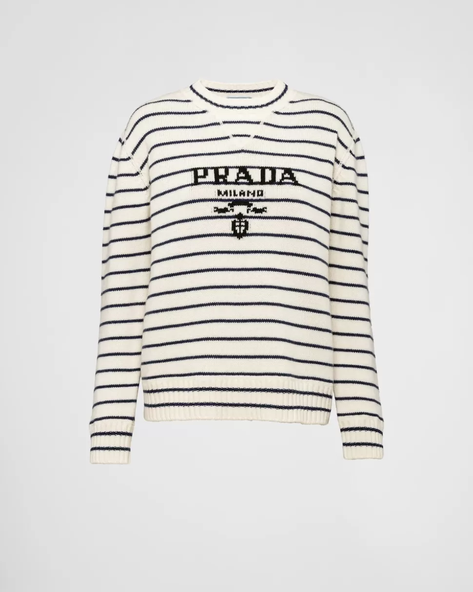 Best Sale Prada Rundhalspullover Aus Wolle Und Kaschmir Weiss/Blau
