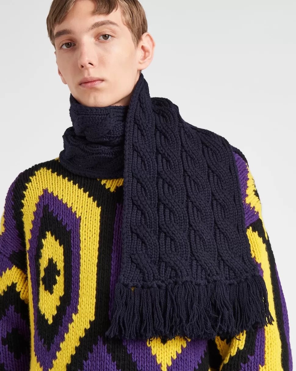 New Prada Schal Aus Wolle Mit Zopfmuster Blau
