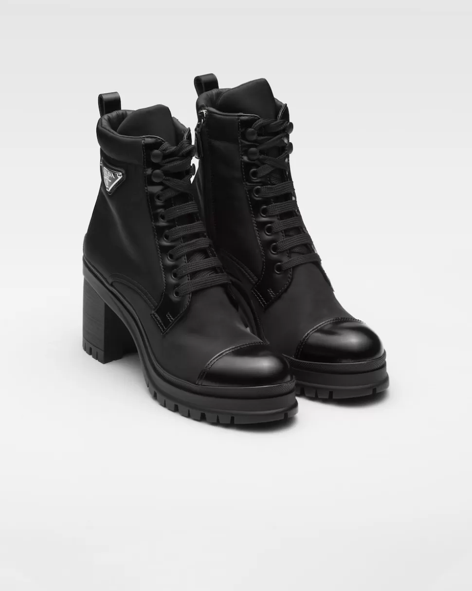 Outlet Prada Schnürstiefeletten Aus Gebürstetem Leder Und Re-nylon Schwarz