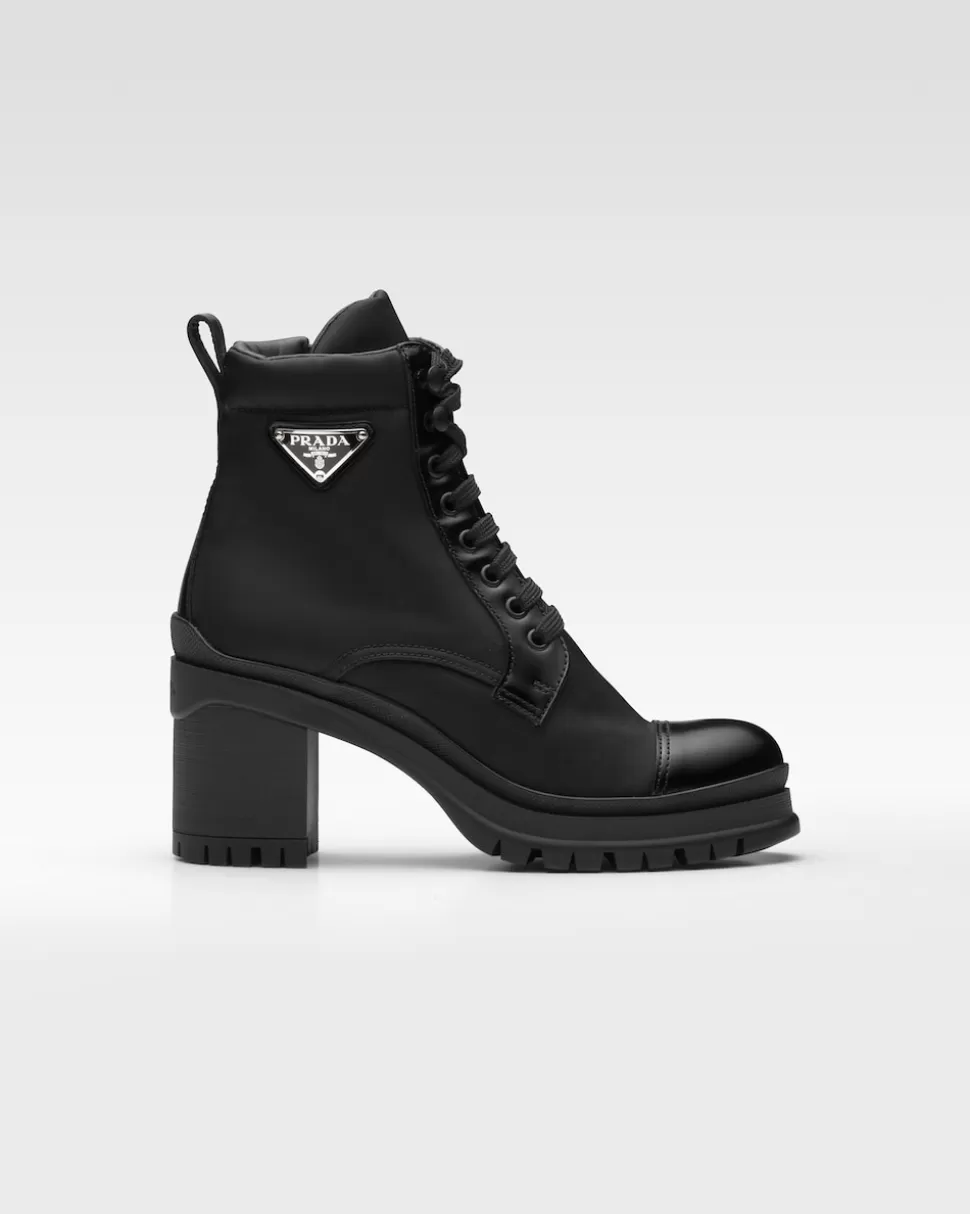 Outlet Prada Schnürstiefeletten Aus Gebürstetem Leder Und Re-nylon Schwarz