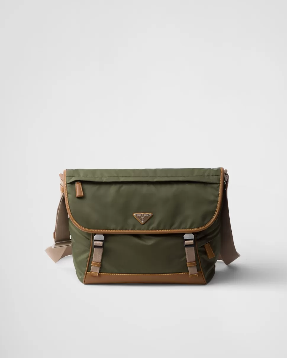 Outlet Prada Schultertasche Aus Re-nylon Und Leder Militärgrün/Karamell