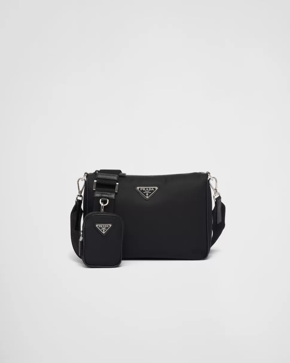 New Prada Schultertasche Aus Re-nylon Und Saffiano-leder Schwarz