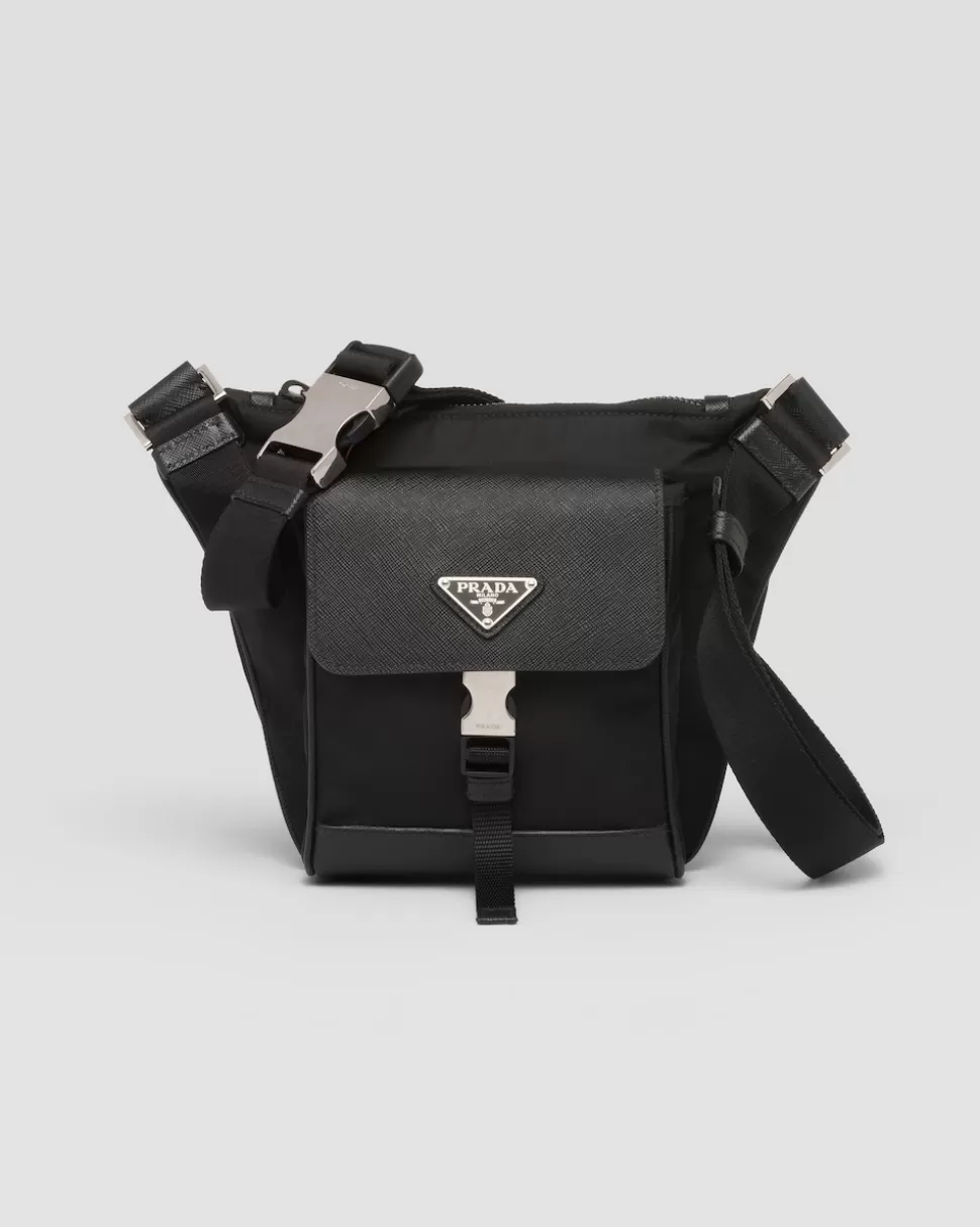 Store Prada Schultertasche Aus Re-nylon Und Saffiano-leder Schwarz