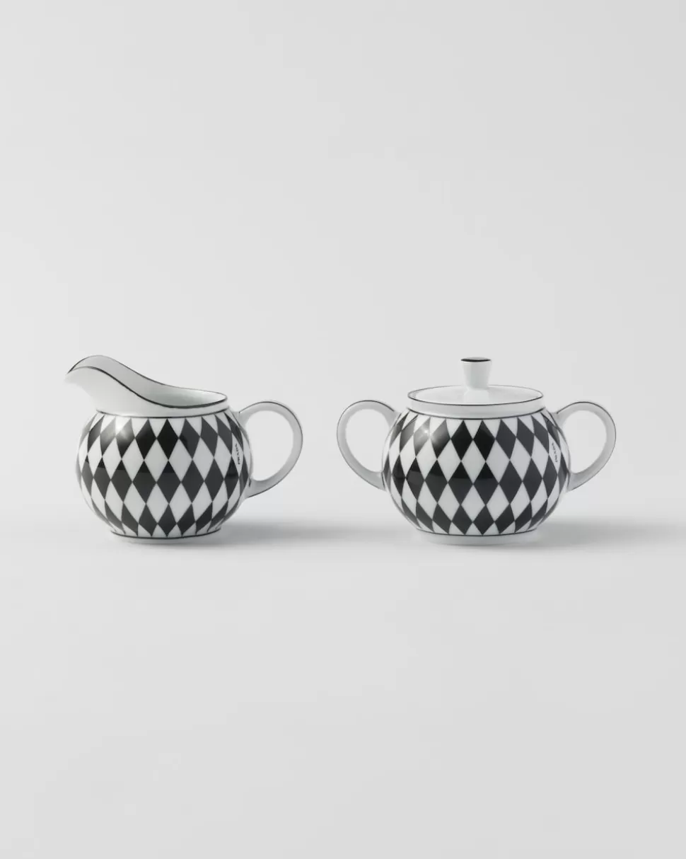 Discount Prada Set Mit Milchkännchen Und Zuckerdose Aus Porzellan – Checkerboard Weiss/Schwarz