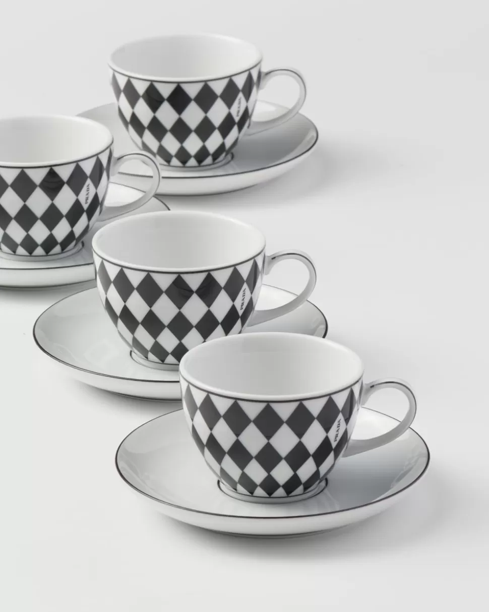 Online Prada Set Mit Vier Espressotassen Aus Porzellan – Checkerboard Weiss/Schwarz