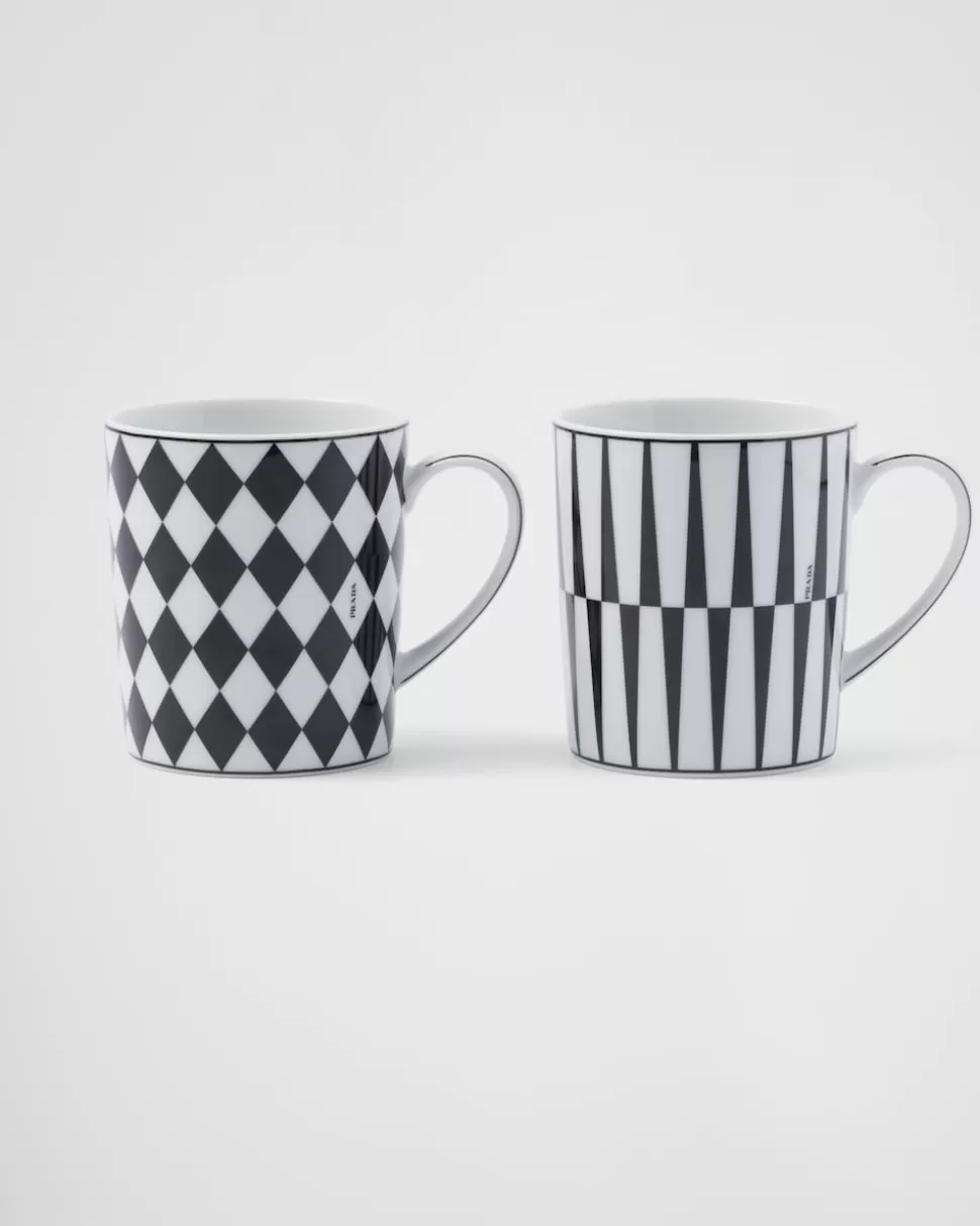 Discount Prada Set Mit Zwei Bechern Aus Porzellan – Checkerboard Und Stripes Weiss/Schwarz