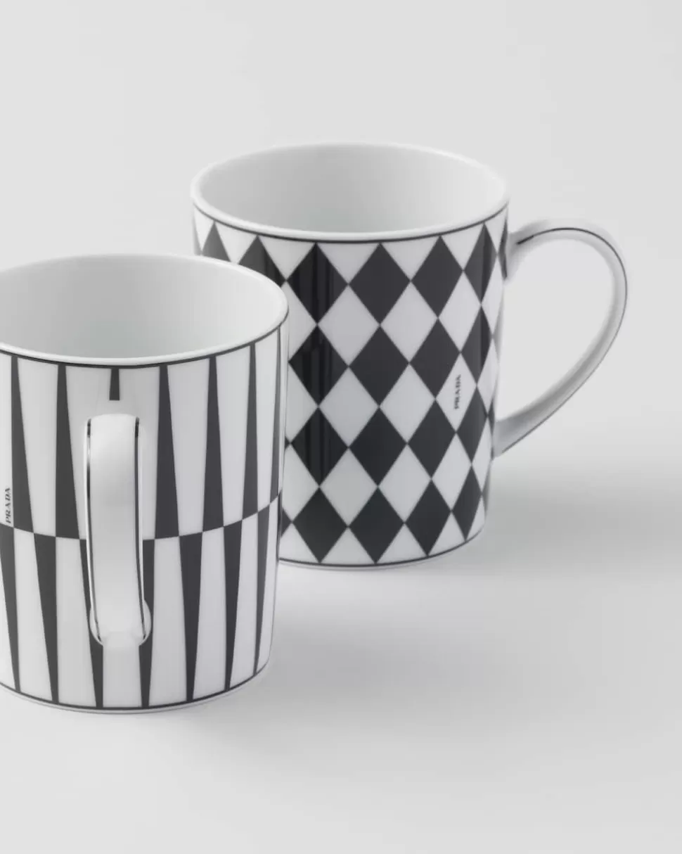 Discount Prada Set Mit Zwei Bechern Aus Porzellan – Checkerboard Und Stripes Weiss/Schwarz