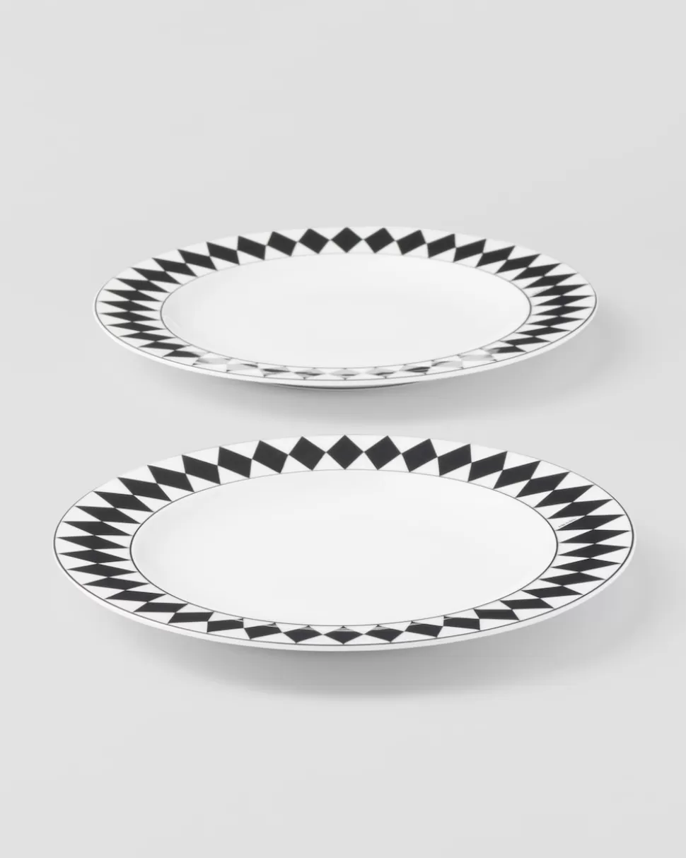 Store Prada Set Mit Zwei Esstellern Aus Porzellan – Checkerboard Weiss/Schwarz