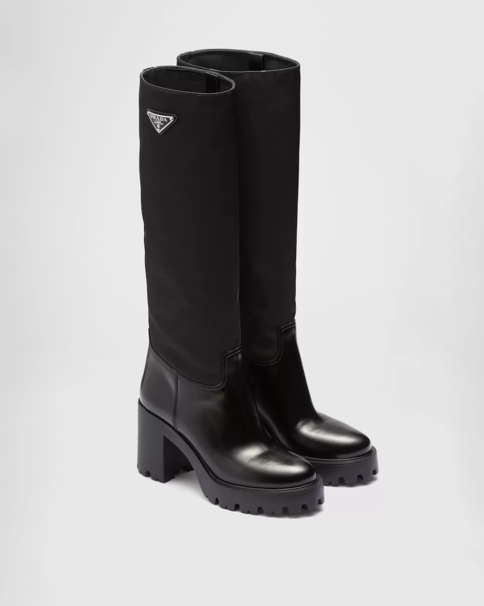 Online Prada Stiefel Aus Leder Und Re-nylon Schwarz