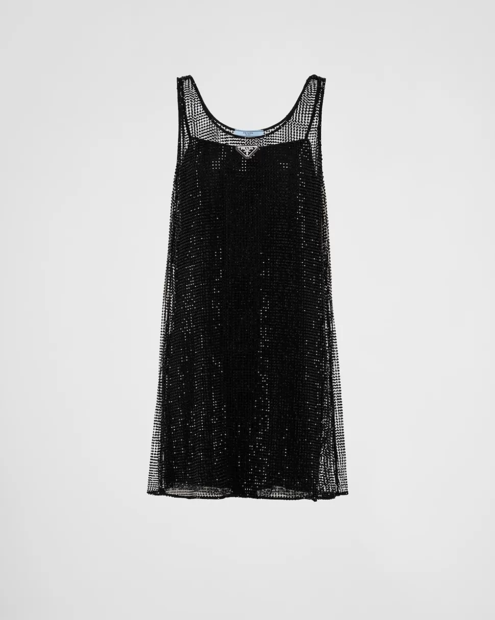 Sale Prada Strassbesticktes Minikleid Aus Meshgewebe Schwarz