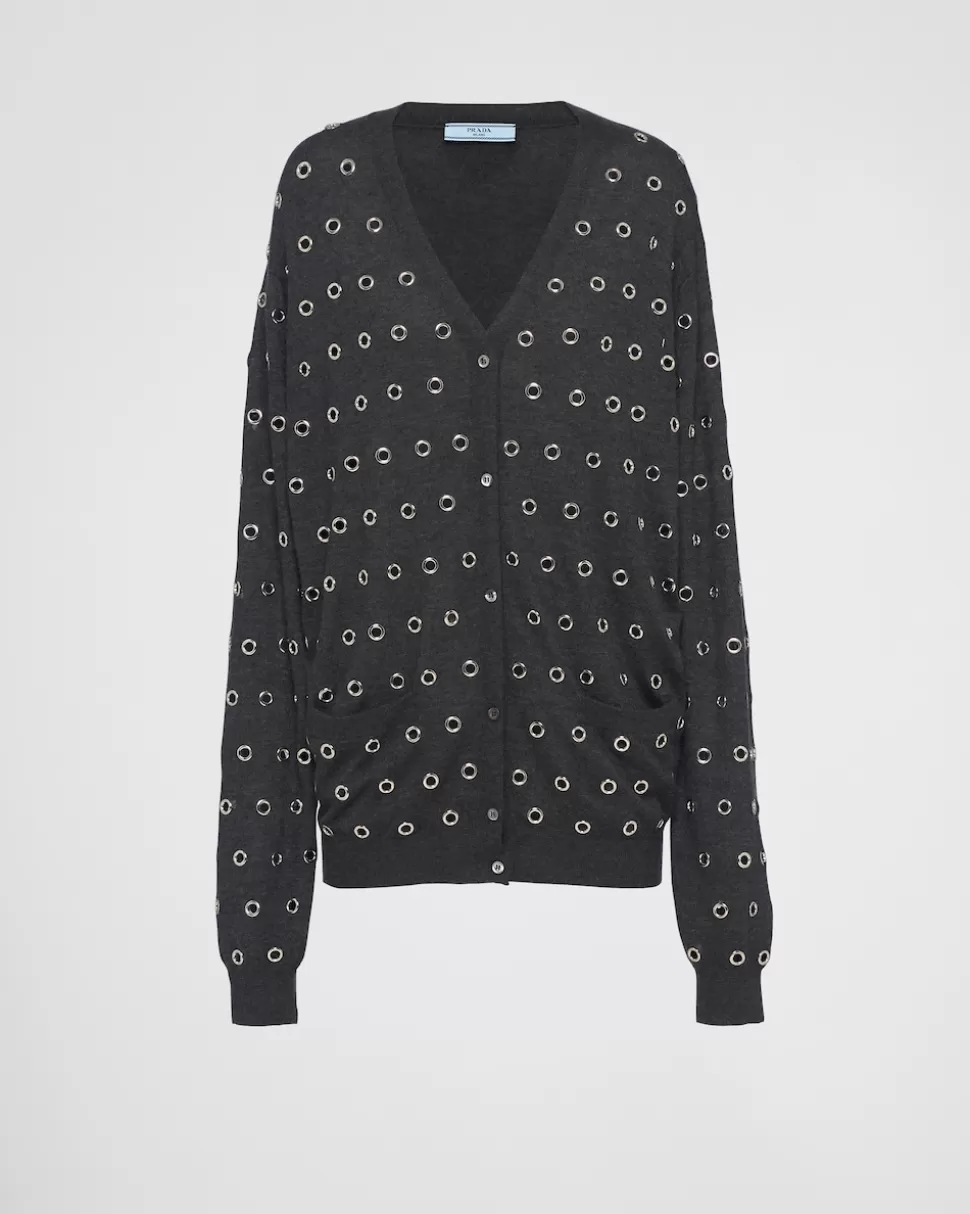 Clearance Prada Strickjacke Aus Kaschmir Mit ÖSen Anthrazitgrau
