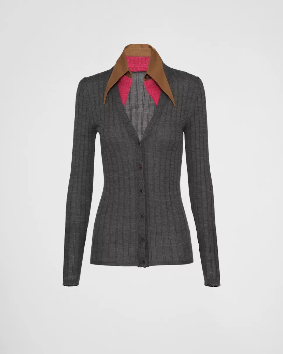 Outlet Prada Strickjacke Aus Kaschmir Und Seide Mit Kragen Schiefergrau
