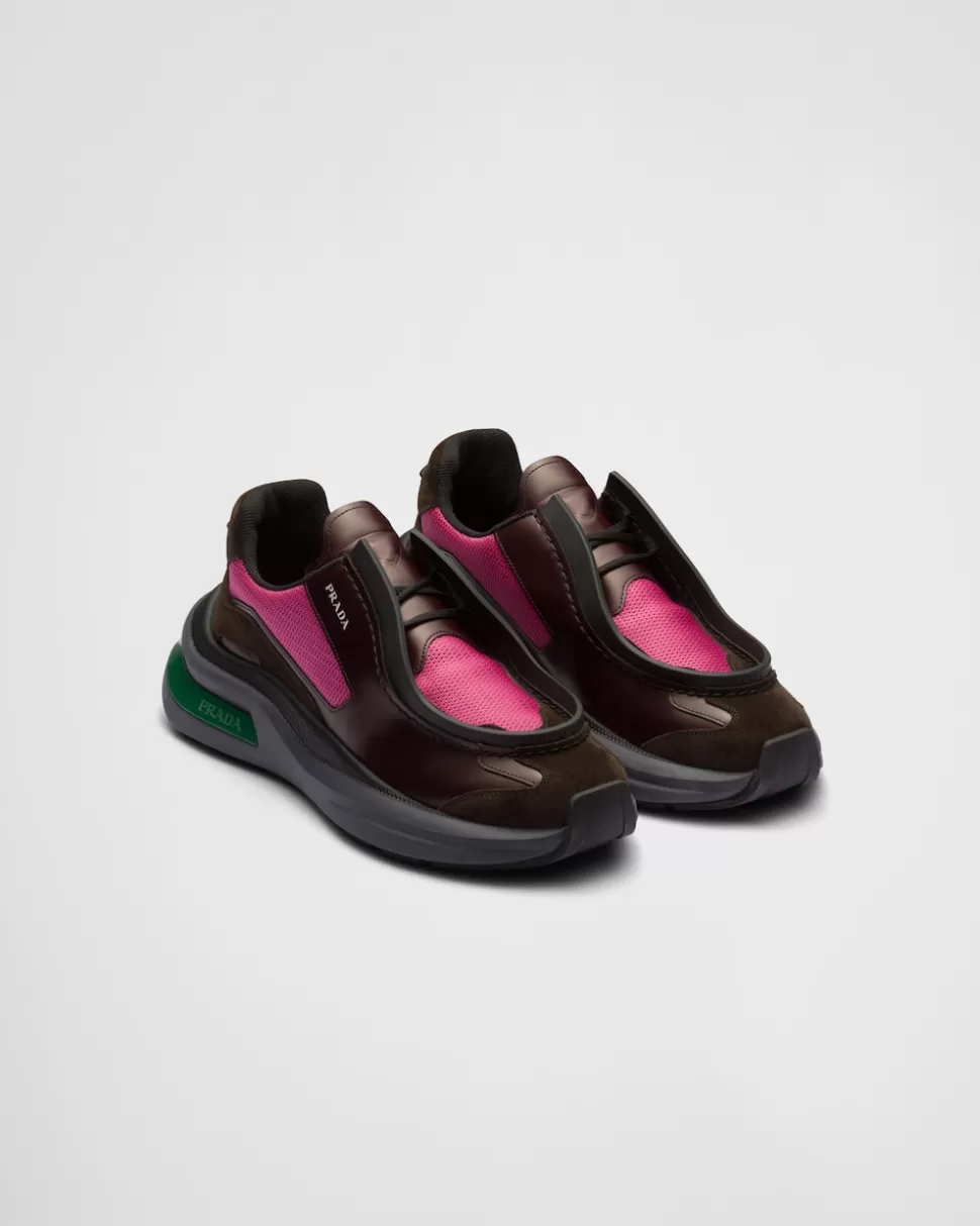 Shop Prada Systeme Sneaker Aus Gebürstetem Leder Mit Elementen Aus Bike-gewebe Und Wildleder Vanille/Anthrazit