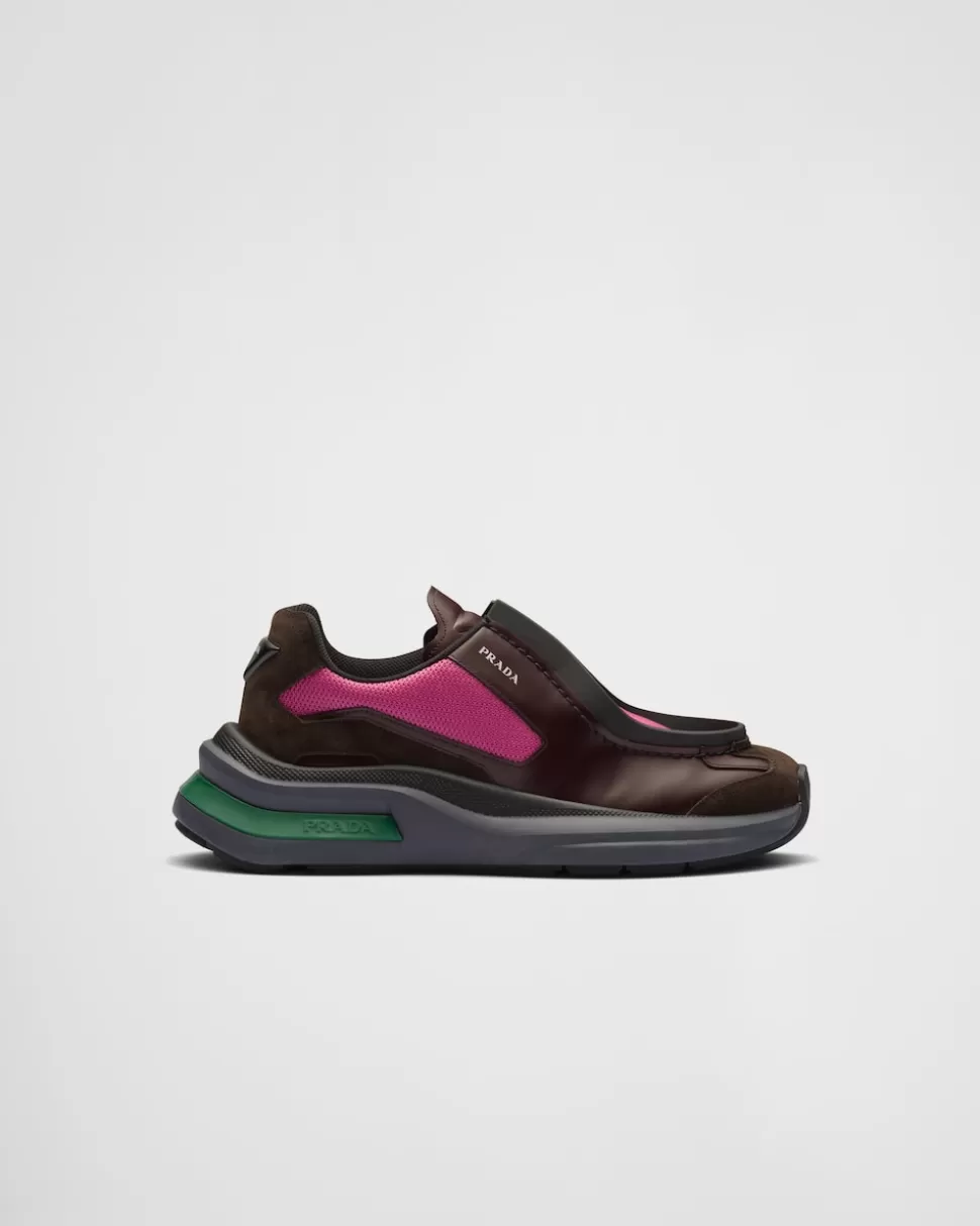 Shop Prada Systeme Sneaker Aus Gebürstetem Leder Mit Elementen Aus Bike-gewebe Und Wildleder Vanille/Anthrazit