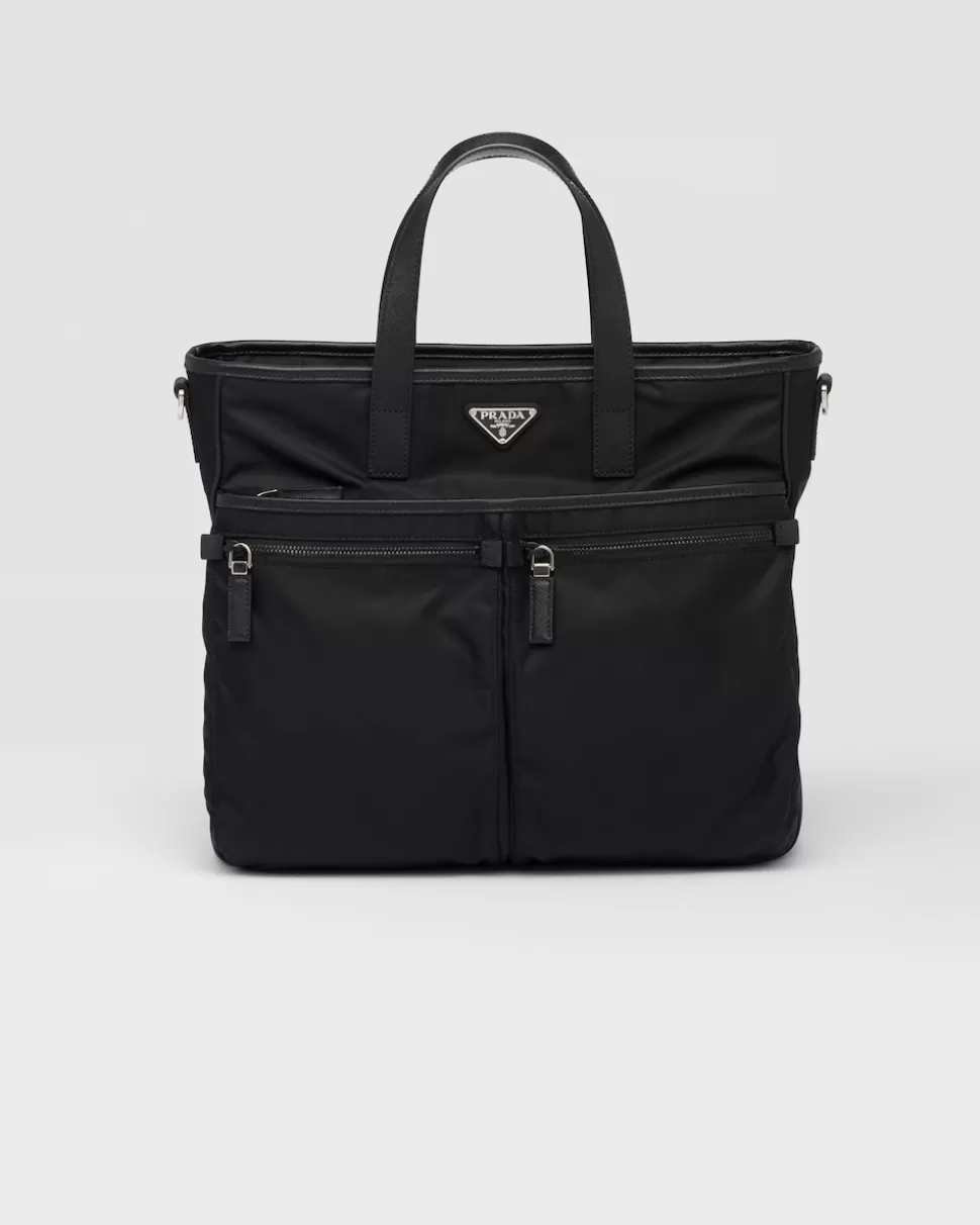 Sale Prada Tote Bag Aus Re-nylon Und Saffiano-leder Schwarz