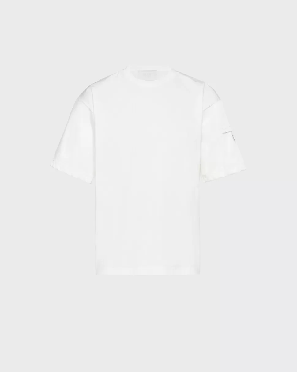 Discount Prada T-shirt Baumwoll-stretch Details Aus Re-nylon Weiss/Weiss