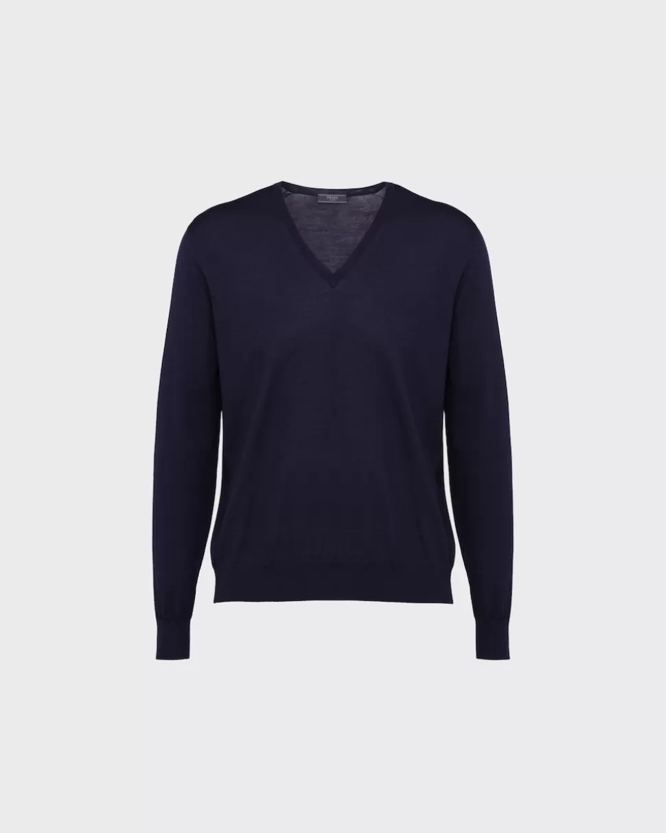 Best Sale Prada Worsted Wool V-neck Sweater Schwarz
