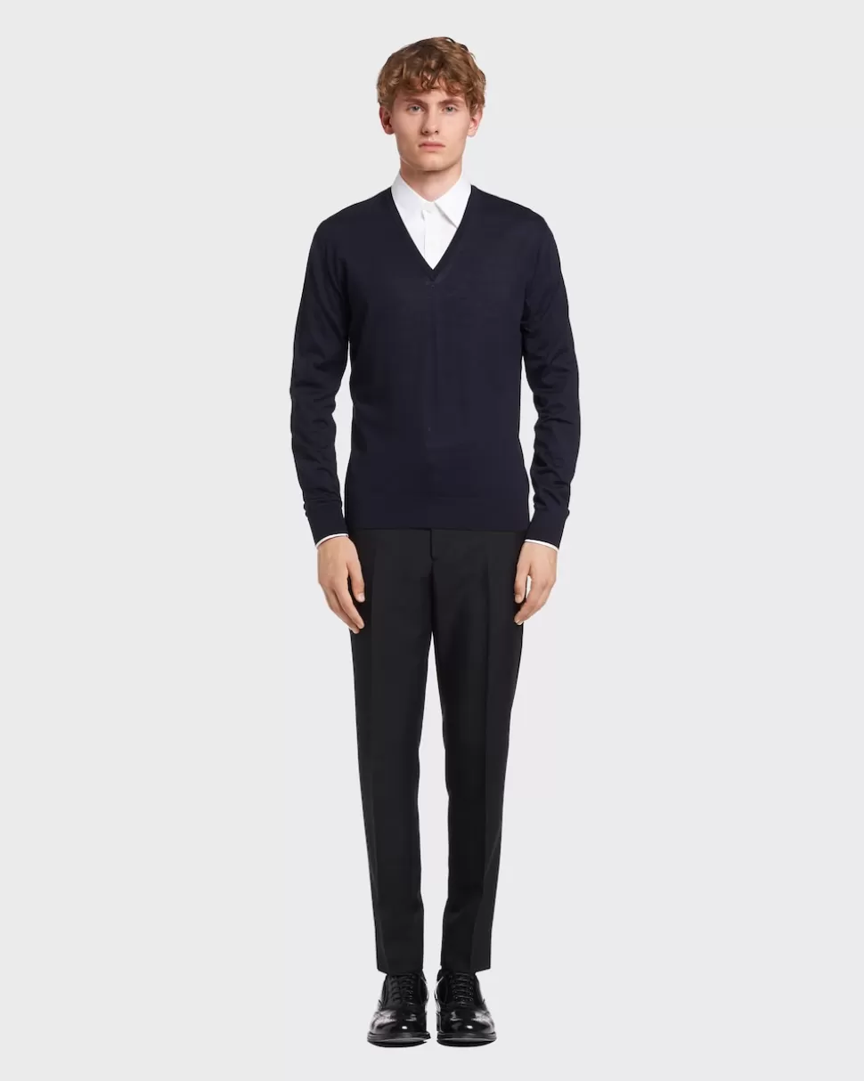 Best Sale Prada Worsted Wool V-neck Sweater Schwarz